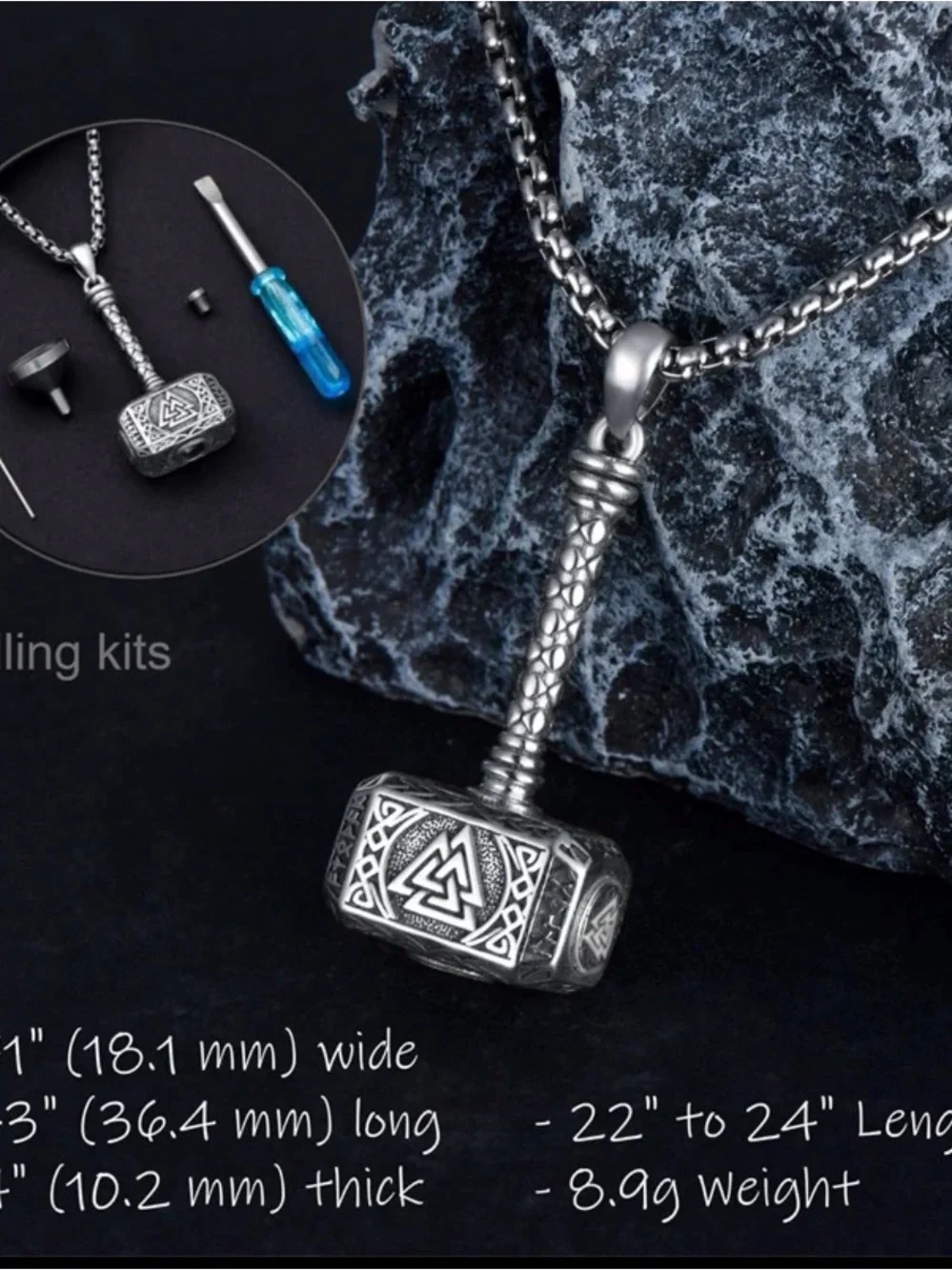 Sterling Silver Thor’s Hammer Cremation Urn Necklace Viking Memorial Pendant
